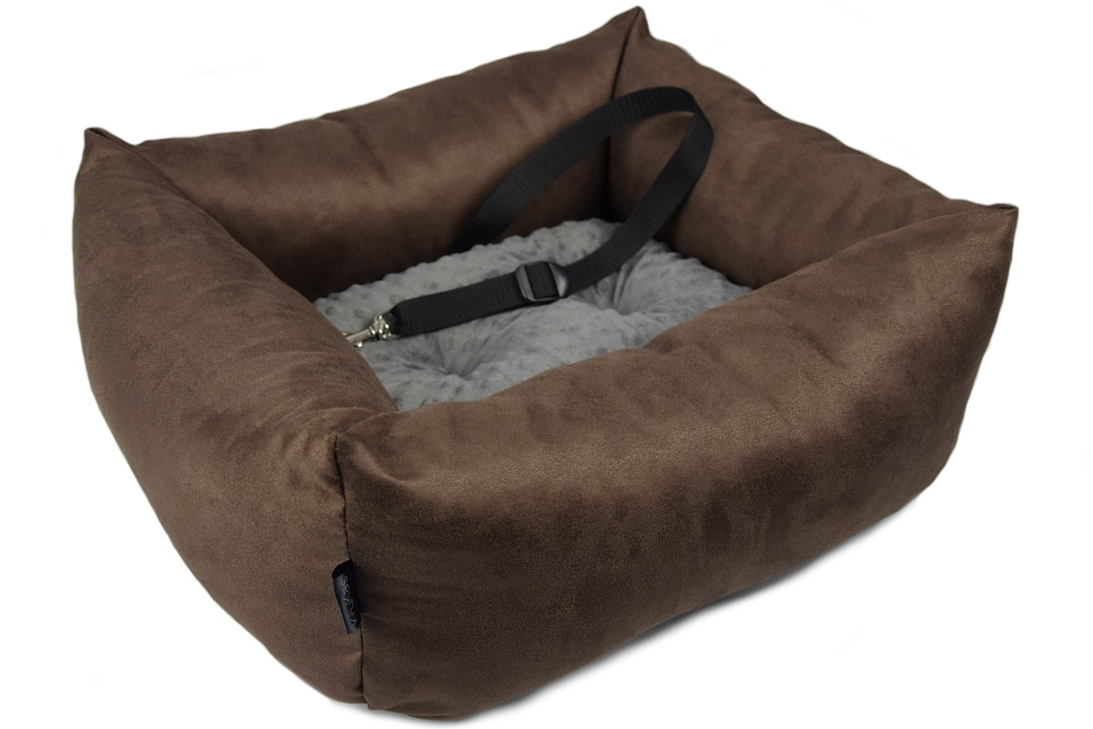 KryKas - antyalergiczny fotelik samochodowy premium dla psa - brązowy z grafitową poduszką