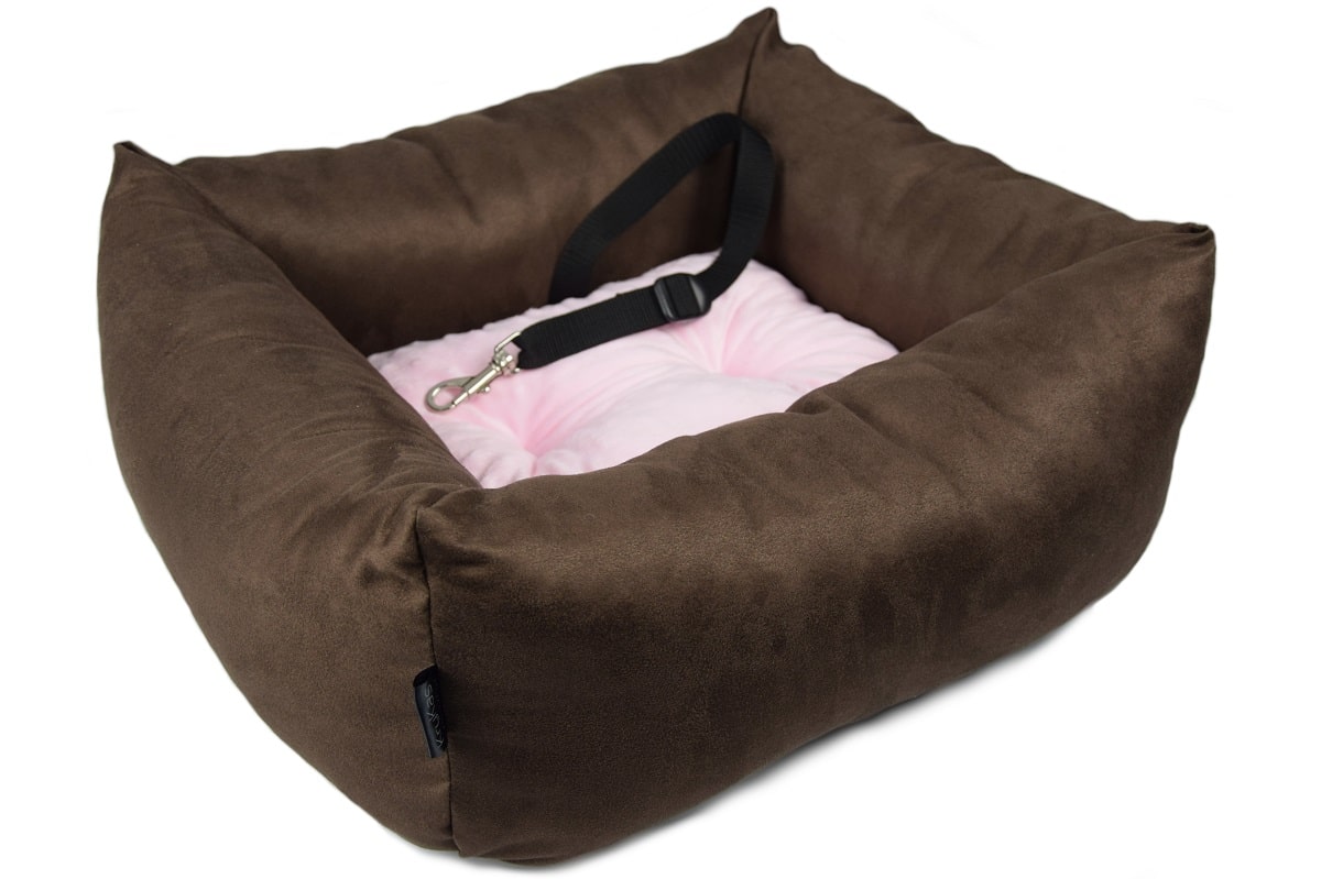 KryKas - antyalergiczny fotelik samochodowy premium dla psa - brązowy z różową poduszką