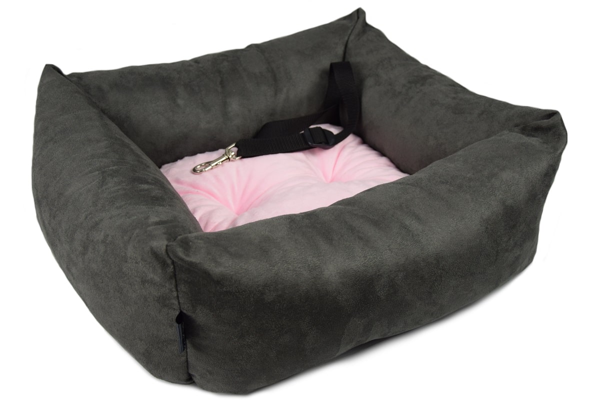KryKas - antyalergiczny fotelik samochodowy premium dla psa - grafitowy z różową poduszką