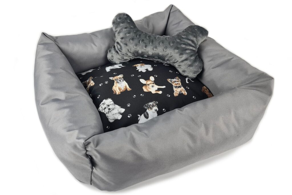 KryKas - kanapa MINI 2w1 - z grafitowym minky - wzór rasowe pieski