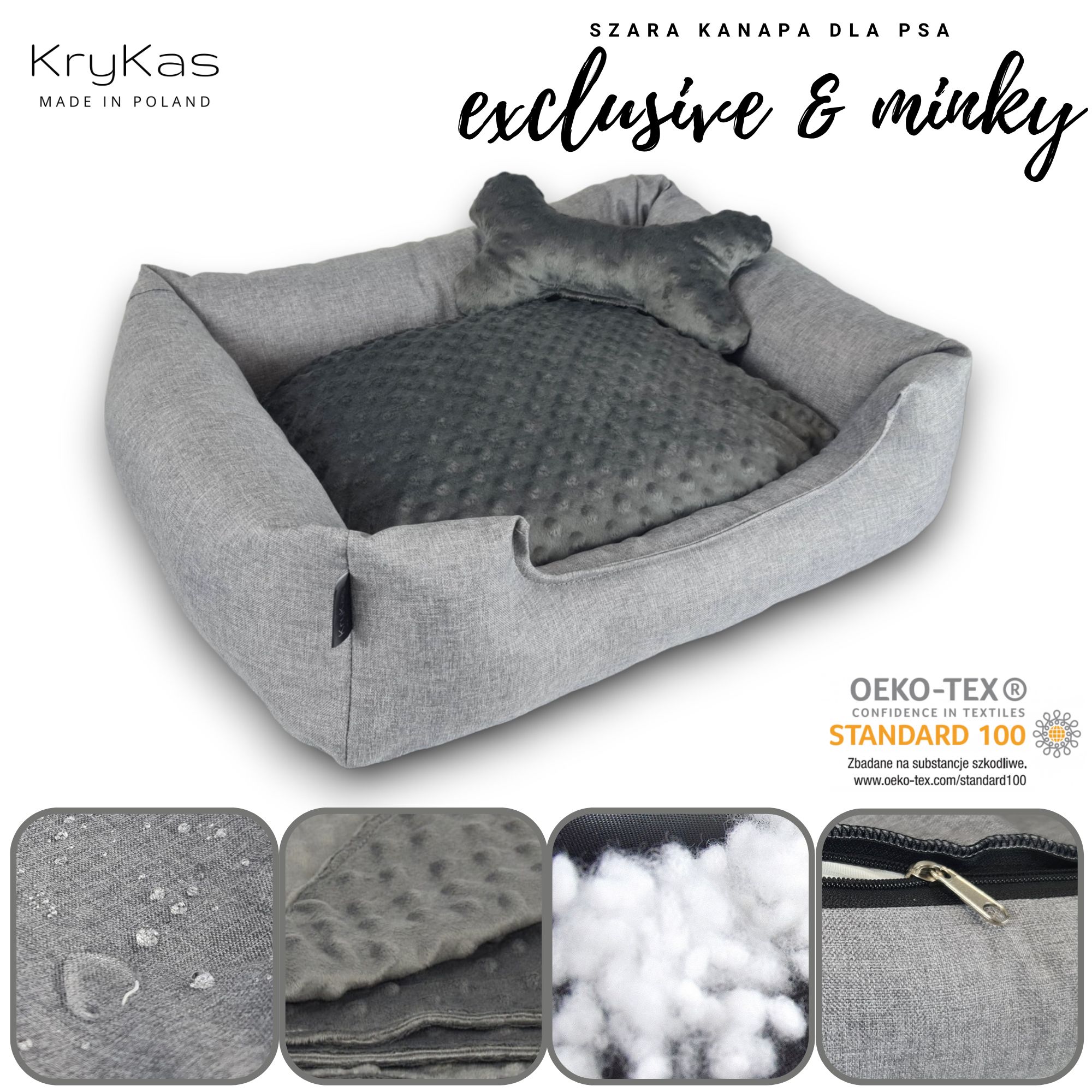 KryKas- szara kanapa dla psa - Exclusive i Minky