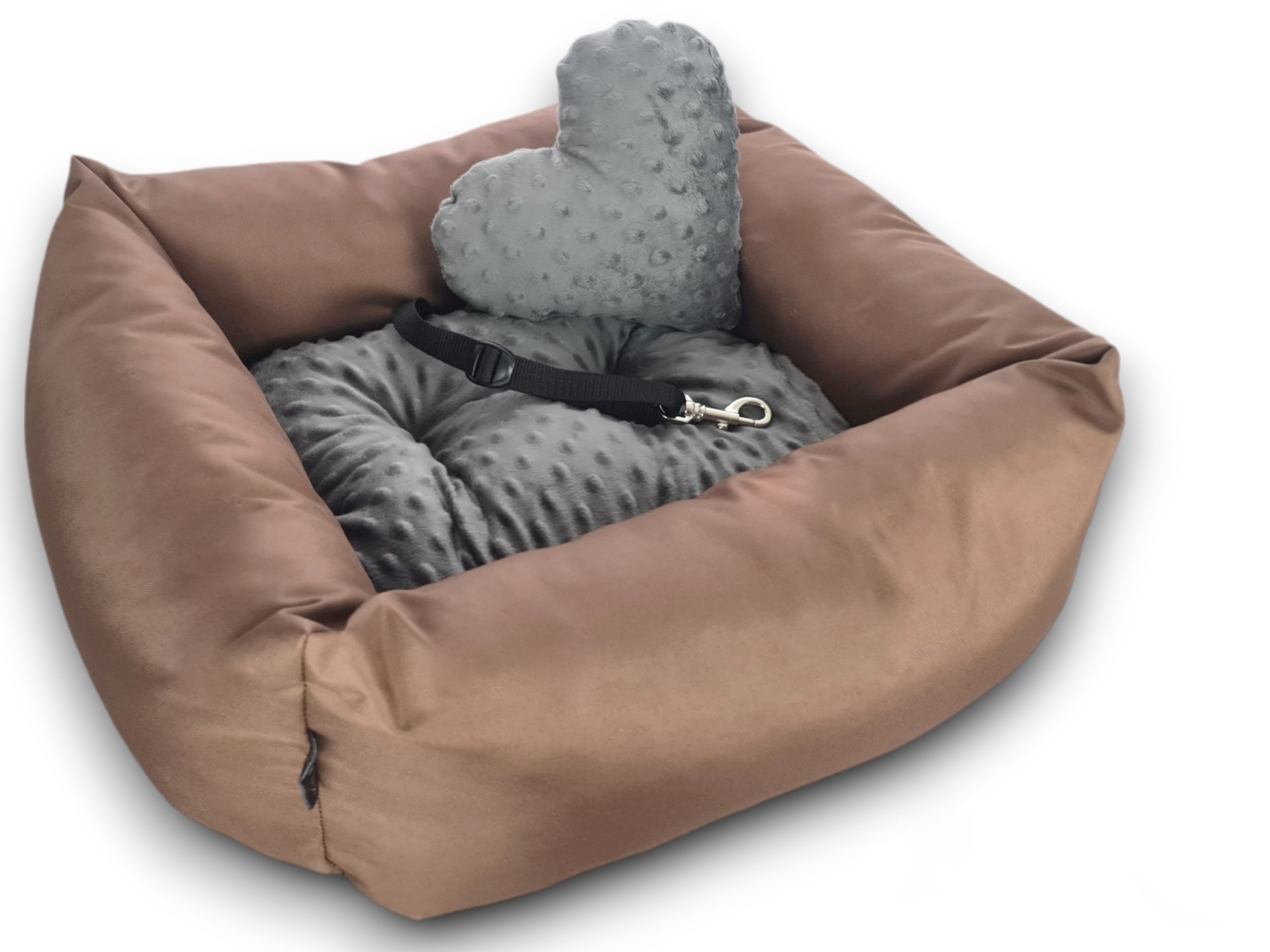 KryKas - fotelik samochodowy dla psa Silver Line Plus Minky- brązowy z grafitowym minky