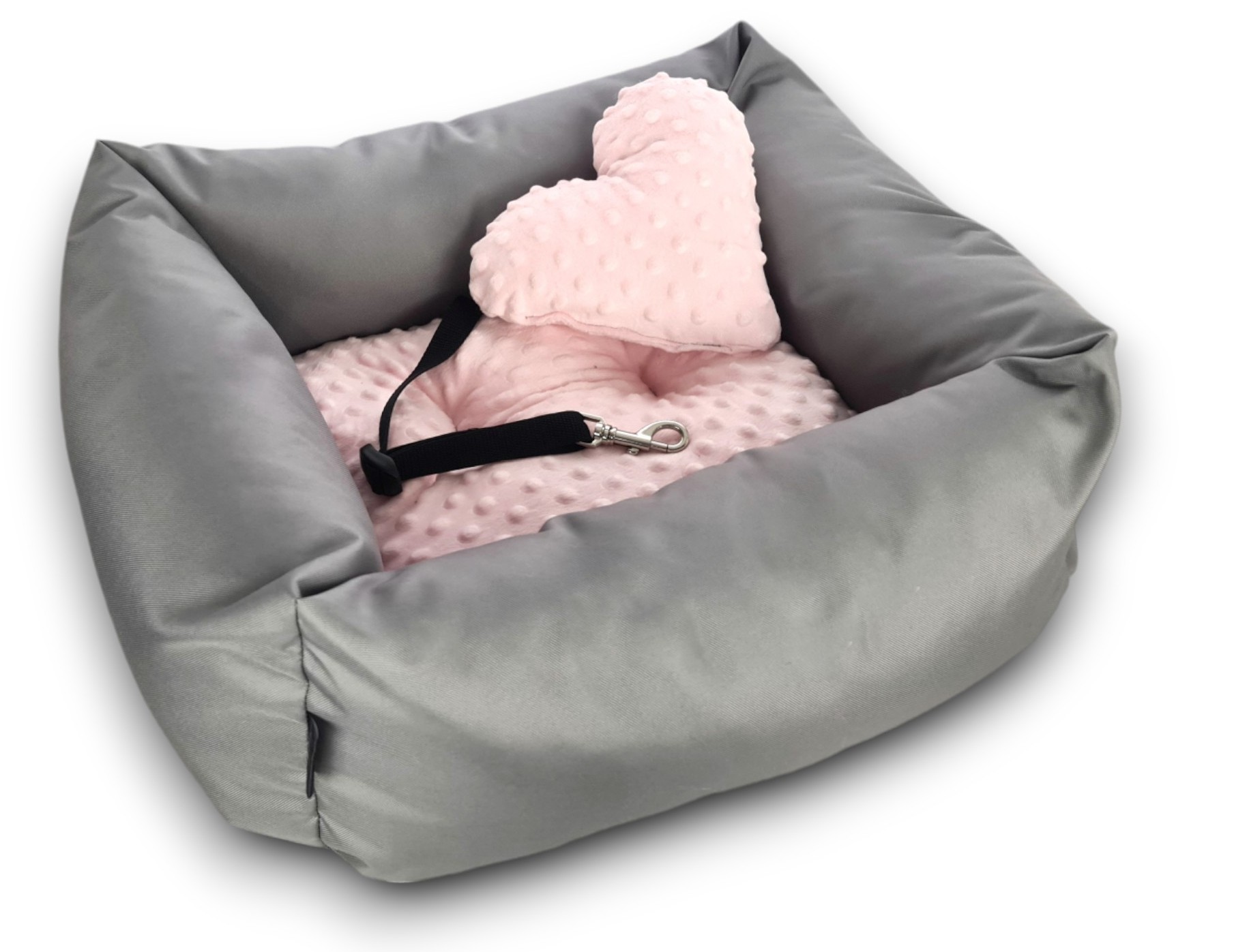 KryKas - fotelik samochodowy dla psa Silver Line Plus Minky - szary z różowym minky