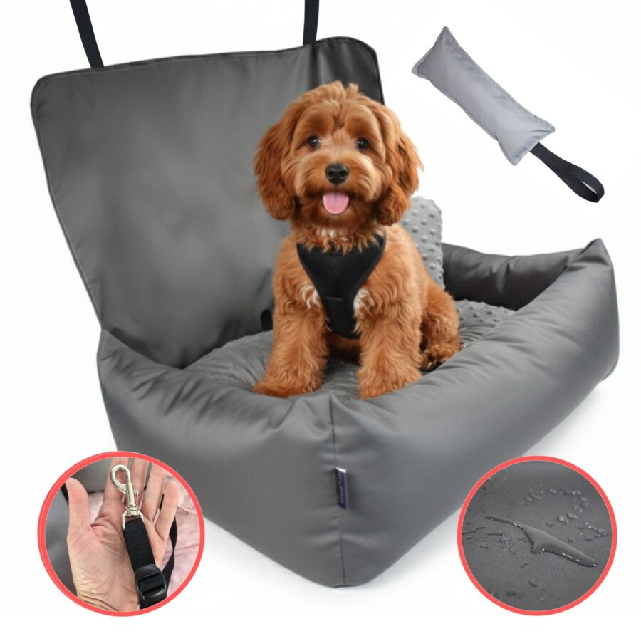 Duży fotelik samochodowy dla psa - KryKas Silver Plus MAXI - z aportem