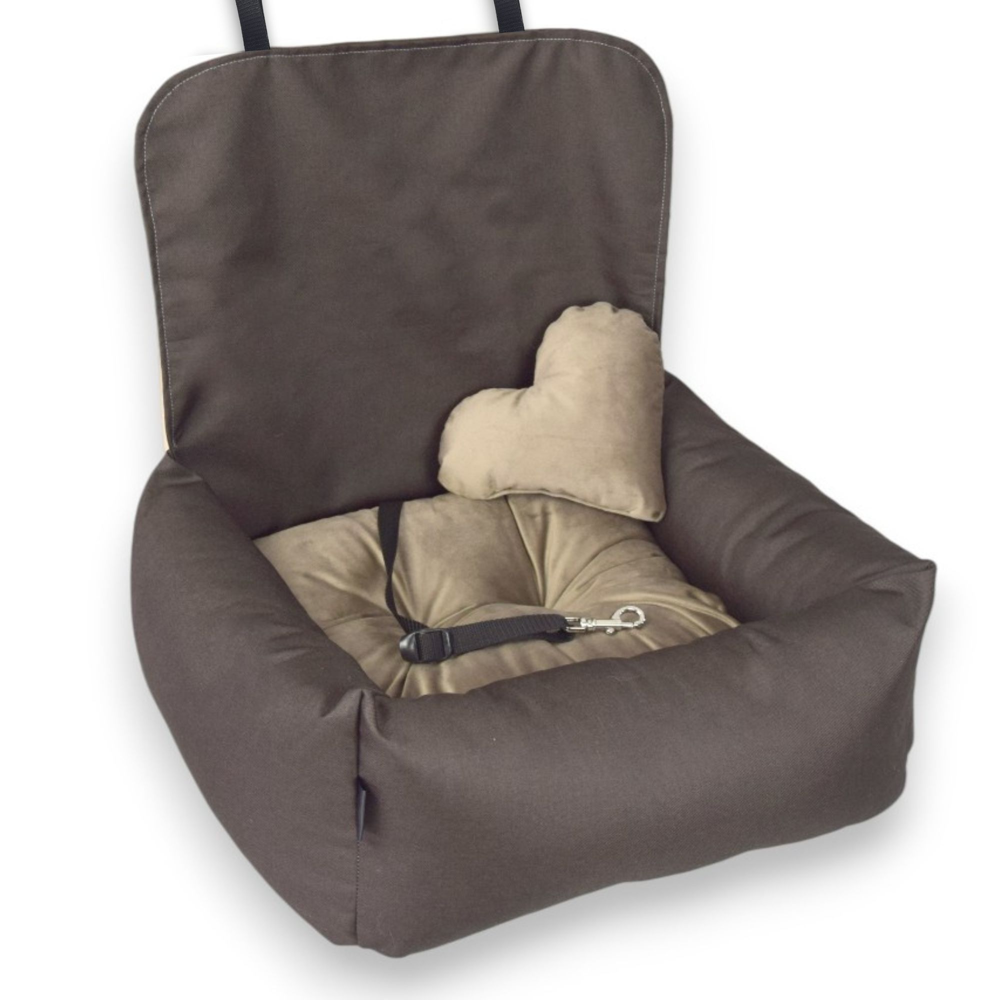 KryKas - Fotelik samochodowy dla psa Exclusive Plus - brązowy z brązową poduszką