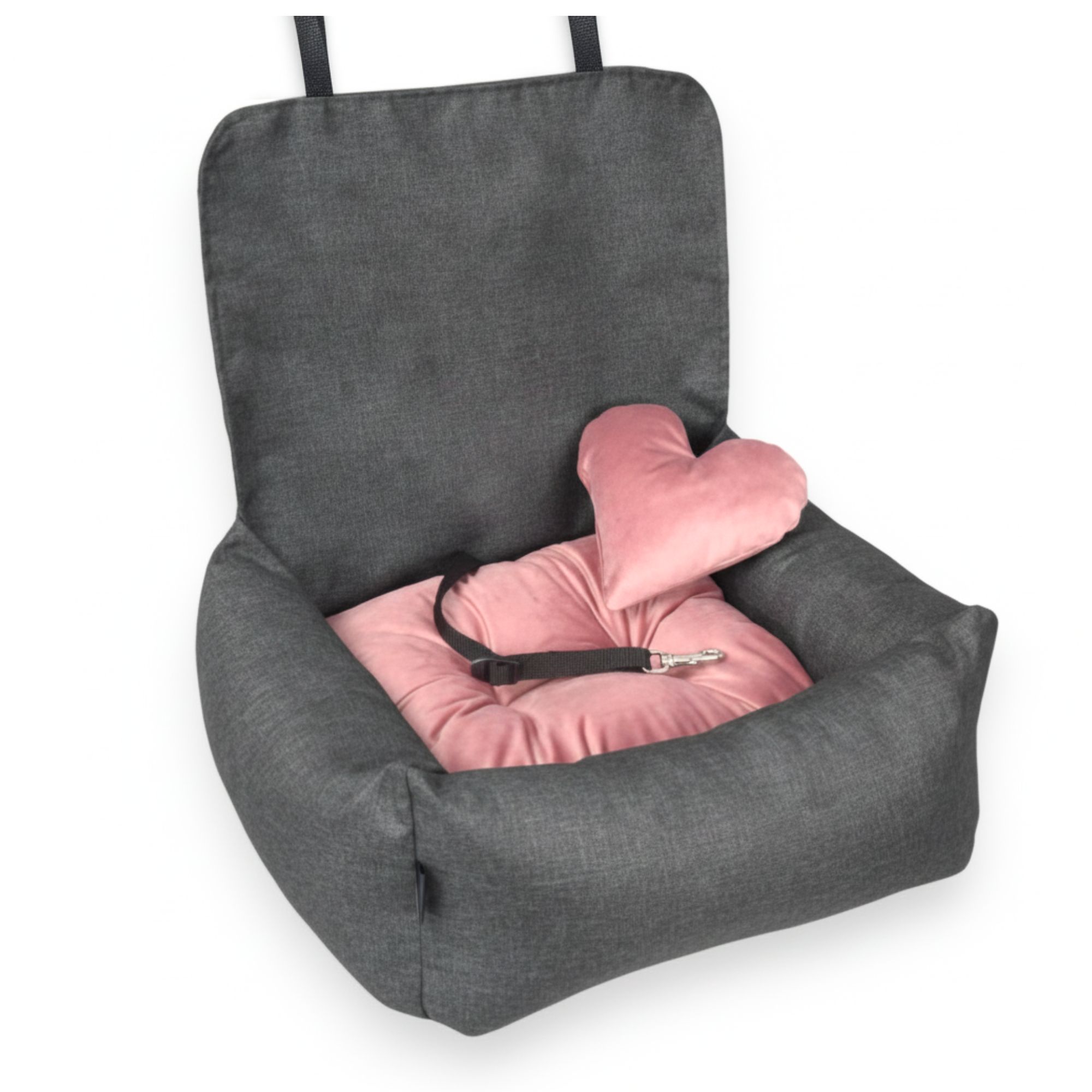 KryKas - Fotelik samochodowy dla psa Exclusive Plus - grafitowy z różową poduszką