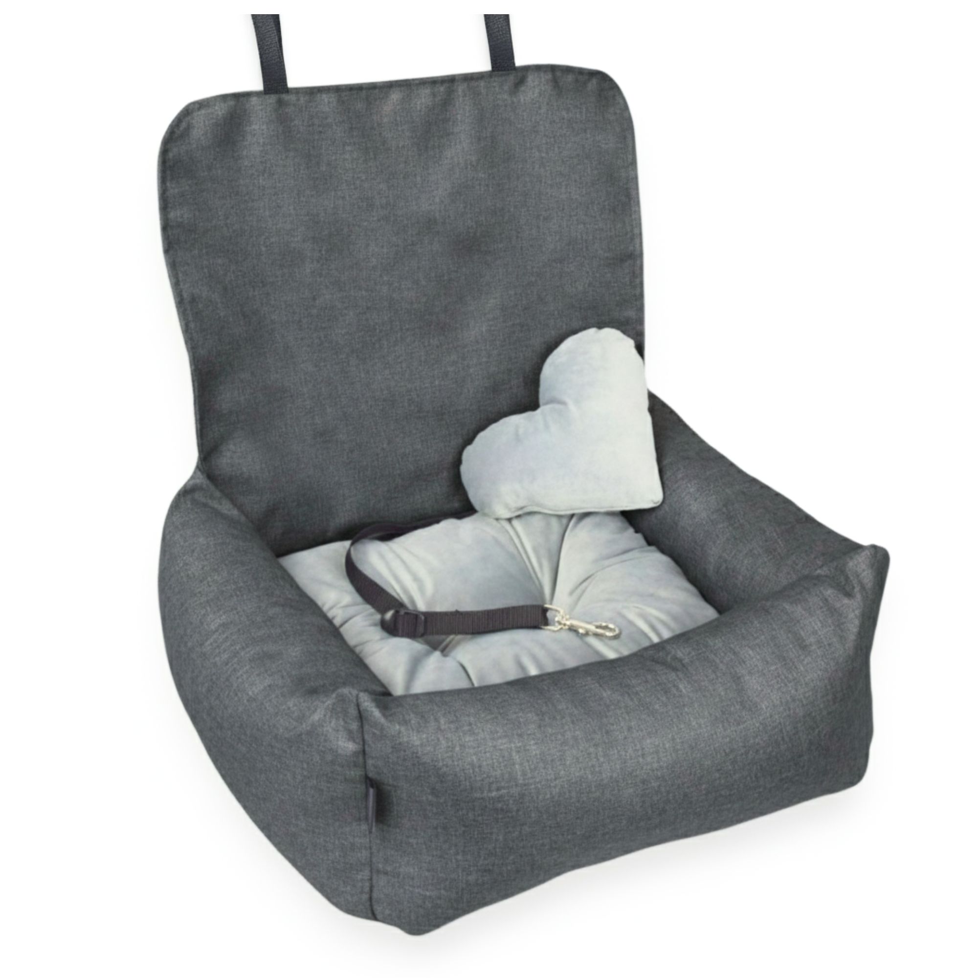 KryKas - Fotelik samochodowy dla psa Exclusive Plus - grafitowy z szarą poduszką