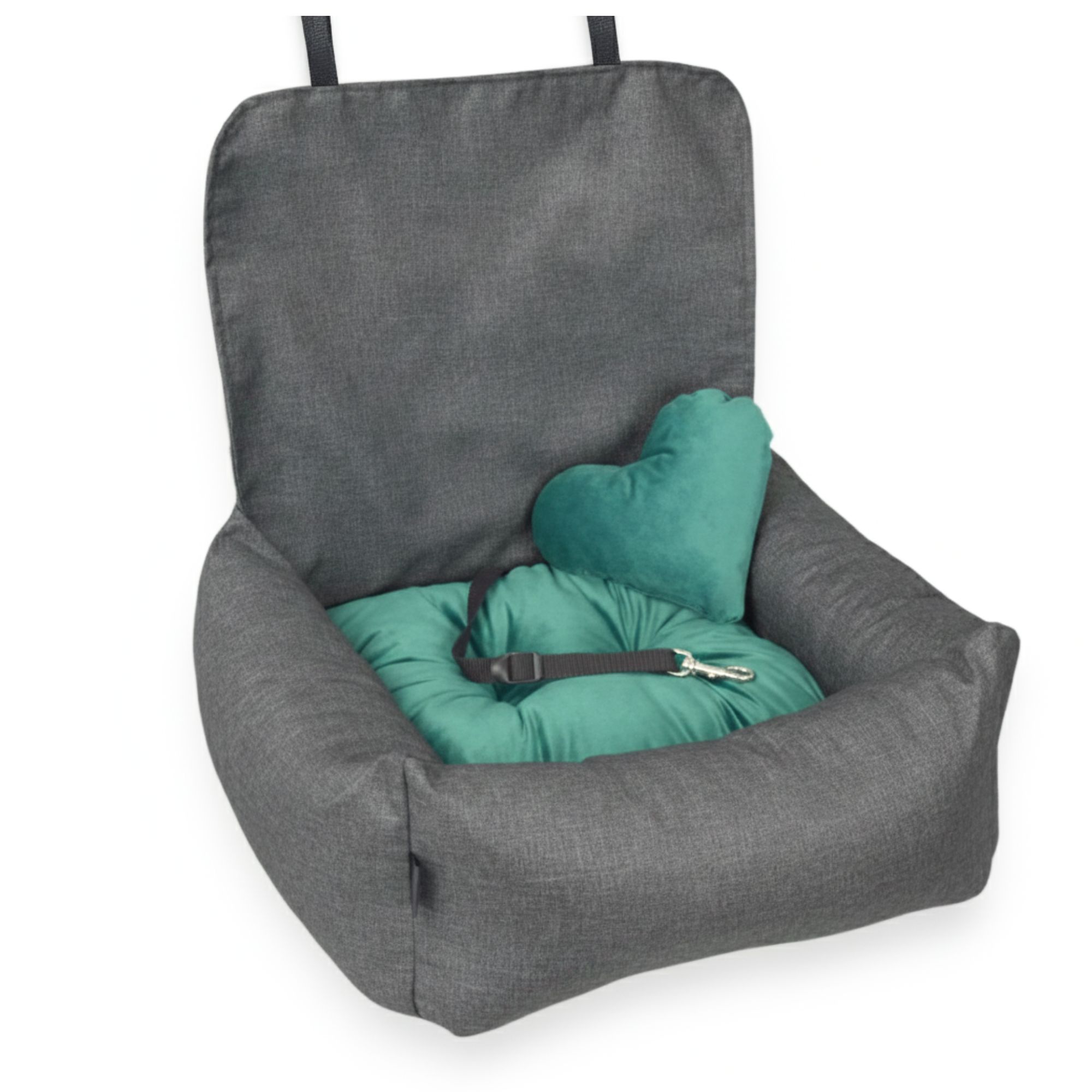 KryKas - Fotelik samochodowy dla psa Exclusive Plus - grafitowy z zieloną poduszką