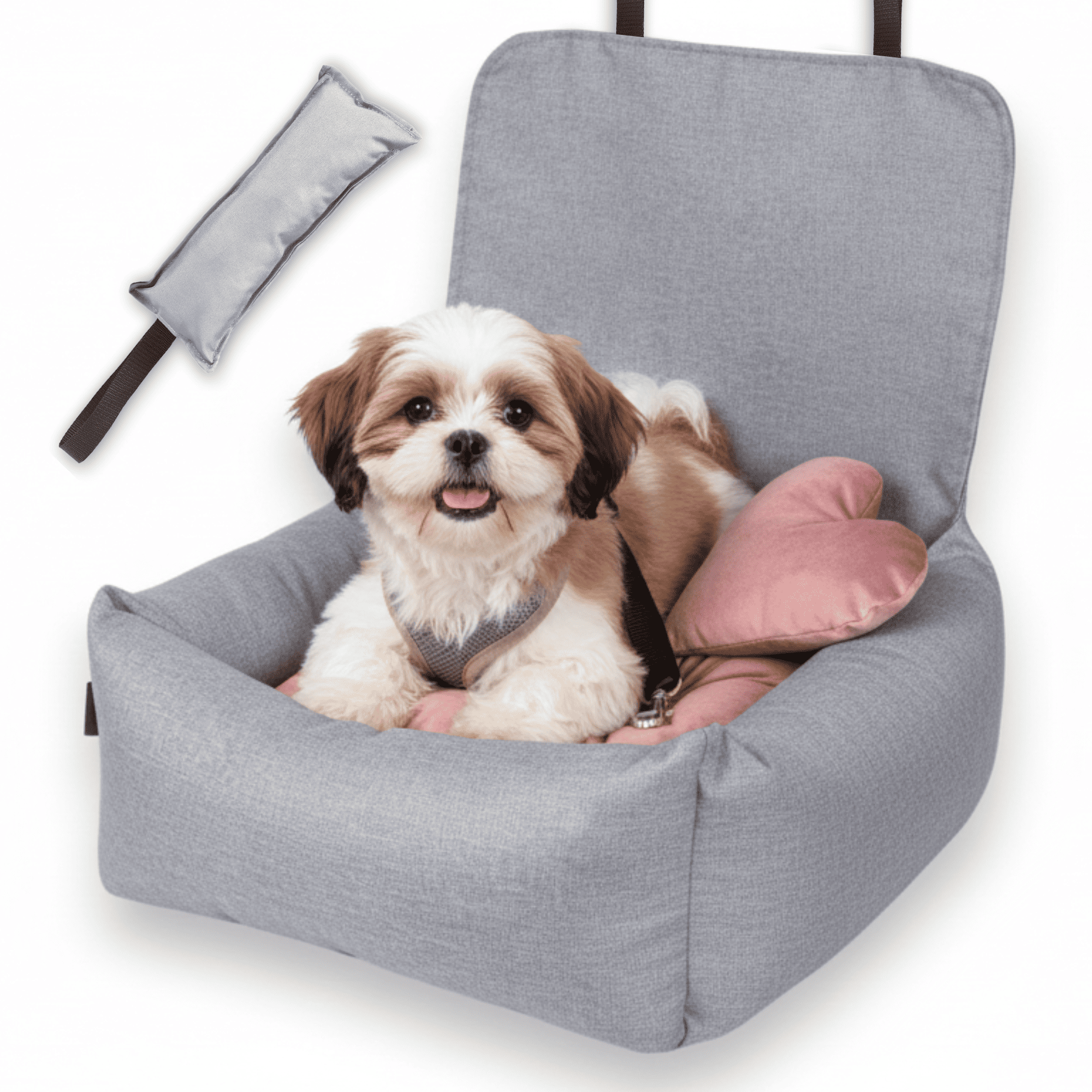 KryKas - Fotelik samochodowy dla psa Exclusive Plus - szary z różową poduszką i aportem